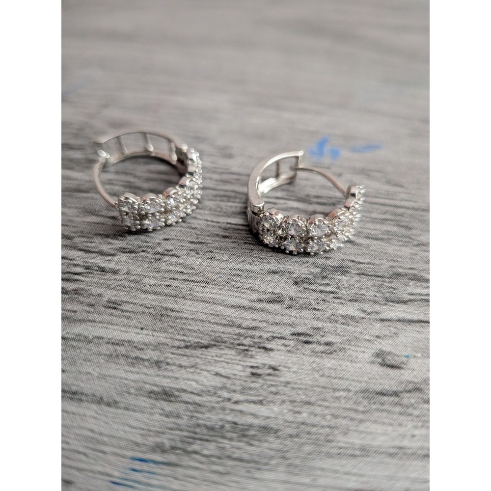 Sterling Silver 925 Double Row Cubic Zirconia Huggie Hoop Earrings